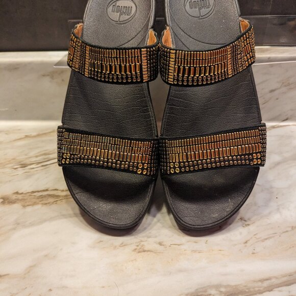 Ladies  Black Fitflops Slides with Double Gold Metallic Straps - Picture 1 of 5